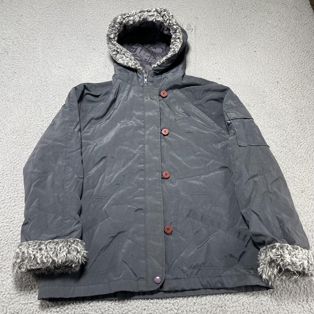 Roxy Jacket Womens Medium Gray Hooded Faux Fur Trim Quilted Nylon Winter Coat
